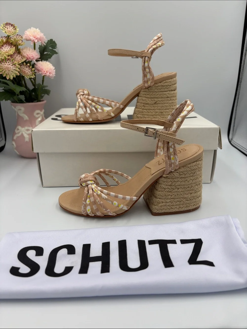 SCHUTZ Tan Sandal with Multicolor Braided Straps